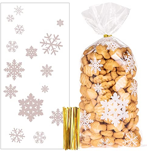 100 Stück Schneeflocke Weihnachten Plätzchentüten, Cellophantüten Transparent Candy Bar Süßigkeiten Tüten mit Twist Krawatten für Bonbon Plätzchen
