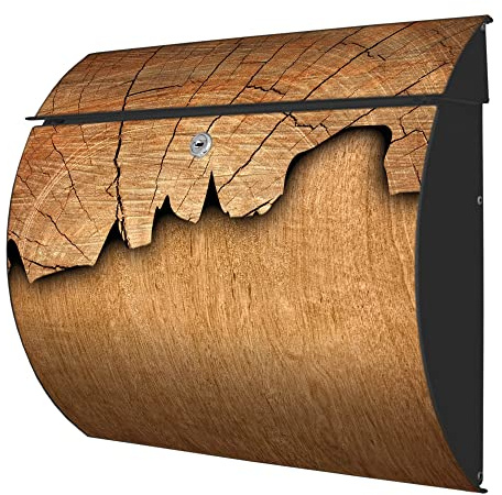 banjado® Burgwächter® Briefkasten anthrazit aus Stahl mit Motiv Holz/Briefkasten ohne Zeitungsfach/Postkasten mit Kippdach & Öffnungsstopp, 2 Schlüssel
