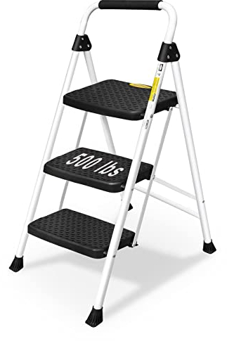 HBTower Scala 3 Gradini Pieghevole, Scala Compatta con Manico in Gomma, Design Antiscivolo, Realizzata in Acciaio Legato di Alta Qualità, Capacità di Carico Fino a 150kg, Per Casa e Ufficio