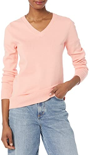 Amazon Essentials Pull 100 % coton à manches longues et col en V pour femme, pêche, taille M