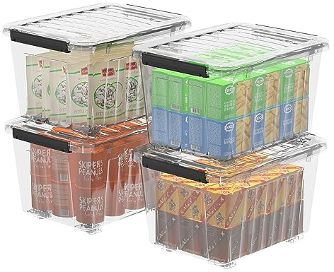 Cetomo 35L*4 Cajas de Almacenamiento con Tapas, Contenedores de Plástico con Ruedas, Clip On, Apilables, Encajables, Organizador Rayado para Oficina en Casa, Transparente, 35L-4 Pack