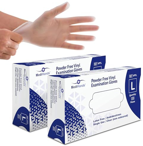 MediHands Clear Vinyl Gloves Large Disposable Surgical Gloves, Box of 200 Powder Free Latex Free & Protein Free, Medical Gloves, Food, Multi Use