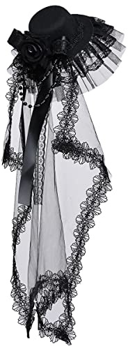 Mini Chapeau Haut-de-Forme Steampunk Lolita avec voiles en Dentelle et Roses pour Filles (Noir)