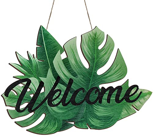 Bucherry Tropisches Willkommensschild, Monstera-Blatt, Holzdekor für Haustür, Sommer, Frühling, dekorative Plaketten, Holzschild zum Aufhängen, hawaiianischer Kranz, Türdekorationen, Aufhänger