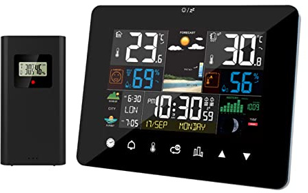 Lever et coucher du soleil - Station météo multifonction - Réveil thermomètre hygromètre - Commande tactile avec capteur extérieur sans fil