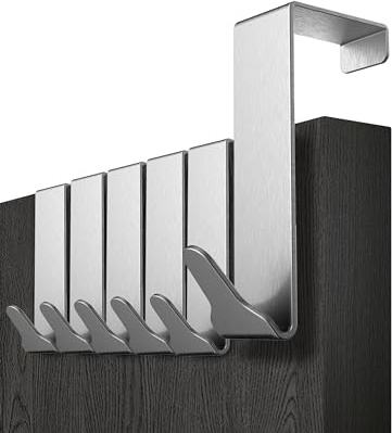 Menz Over Door Hook 6 Pack Silver, Stable Overdoor Hanger. Rust-Free Door Hangers for Clothes, 3.6cm Fit. 15kg Coat Hanger, Stainless Steel with EVA Pads, Prevents Scratches