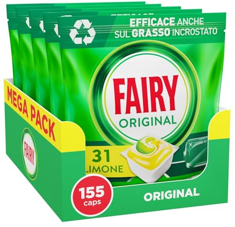 Fairy Detersivo Pastiglie Lavastoviglie, Brillantante, 155 Capsule Lavastoviglie, Original Limone, Azione Pulente Al Primo Lavaggio, Efficace Sul Grasso Incrostato Con Azione Brillante