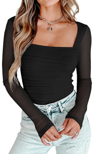 AGECODE Women's Square Neck Mesh Long Sleeve Bodysuit Shirts Ruched Body Suit Leotard Tops Black Medium