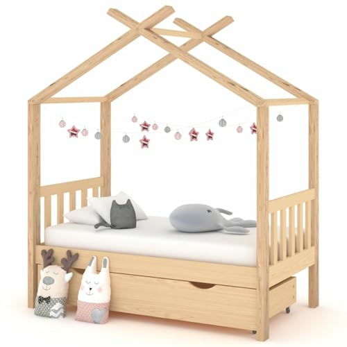Festnight Kinderbett mit Schublade 70x140 cm Hausbett für Jungen & Mädchen ab 4 Jahren Kinder Bett Holz Jugendbett Massivholz Holzbett Bettgestell mit Lattenroste Bettrahmen Kinderzimmer