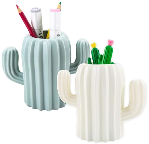 YANJINGHE 2 Stücke Bleistiftbehälter Organizer, Stifthalter Desktop, Make Up Pinselhalter, Kreativ Komisch Kaktusform Stiftebecher Stiftbox für Schreibtisch, Büromaterial, Waschtisch (Weiß, Grün)