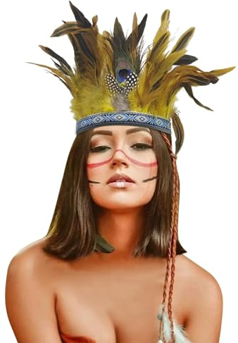 Fasching Pfauenfedern Kopfschmuck, Indianer Kopfschmuck, Indianerhäuptling Federschmuck, Karneval Kostuem, Pfau Kostüm Damen/Herren
