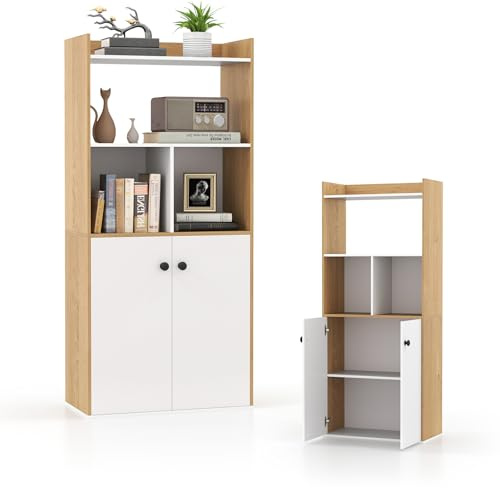 KOMFOTTEU Bücherregal aus Holz mit Türen, Wohnzimmerschrank Aufbewahrungssäule mit 2 offenen Regalen, Aufbewahrungsregal Aktenregal Standregal 60 x 30 x 140 cm (Weiß & Natur)