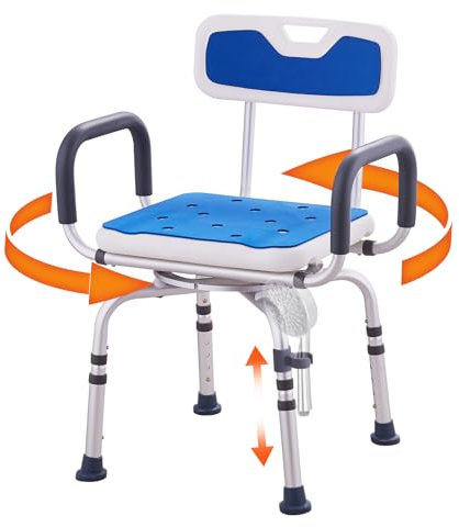 VEVOR Silla de Ducha Giratoria 360 Grados con Reposabrazos y Respaldo para Ducha Interior o Bañera, para Personas Mayores Discapacitadas Heridas, Capacidad de 180 kg, 565 x 530 x 835 mm, Aleación, PVC