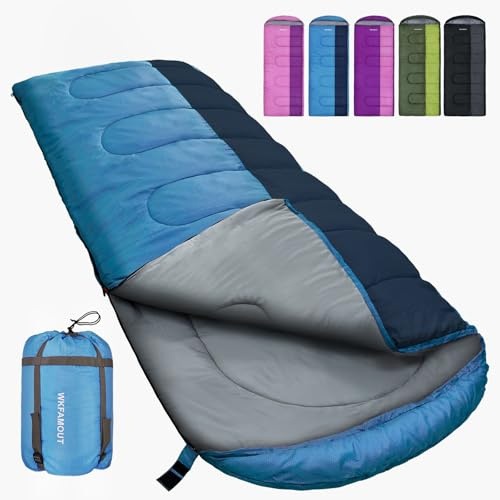 WKFAMOUT XL Schlafsack Outdoor 10℃ Deckenschlafsack für Erwachsene Maschinenwaschbar Schlafsäcke 3–4 Jahreszeiten mit Kompressionssack Camping Wandern 220x85CM Blau