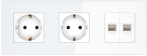 PULSAR Netzwerkdose CAT5e/2x Steckdose Unterputz Weiß Glas 3-Fach | Ethernet Dose 2x CAT5e mit 2x Steckdose Weiß Glas 3 Fach - 2x RJ45 Port LAN Datendose Unterputz 8P8C Buchse Netzwerkdose
