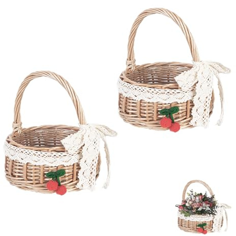 2 Pezzi Cesti per Fiori Intrecciati a Mano, Cesto di Vimini per Fiori In Rattan, Cestini Vimini, Cestino Matrimonio, Cestino per Damigella, per Matrimonio Decorazione Di Casa (Nastro Medio)