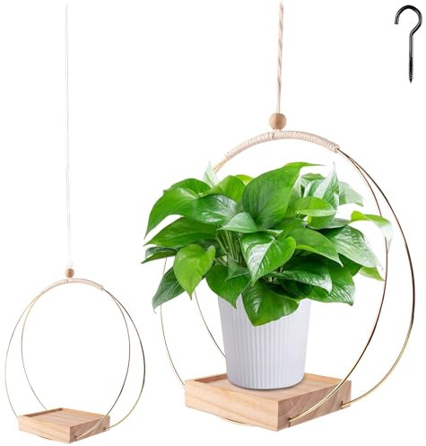 Blumenampel Hängend Innen, Metallring mit Holzsockel, Hängetopf für Pflanzen, Hängender Blumentopf Hängend, Hängeampel Blumen, Hängepflanzen Topf mit Aufhängehaken, für Innen Außen Balkone (2, A)