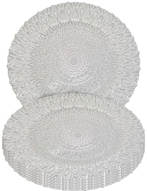 Event Decor Shop Charger Plate Silver with Peacock Design - 6pcs | Perfect for Weddings, Parties, and Home Dining, Decorative and Affordable Clear Charger Plates for Event Table Decor