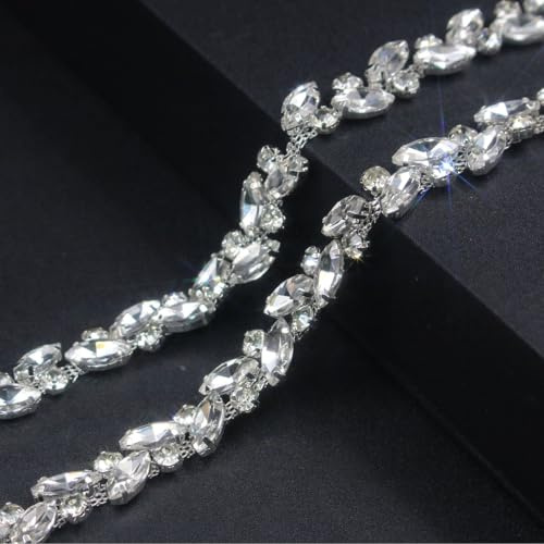 PEARLY JUN 91 Cm Silber Strassband Zum Aufnähen Strasssteine | Glitzerband Nähen Leder Schuhe Tassel Chain DIY Blumenstrauß Dekoration Kleidung Hochzeit Kopfbedeckung