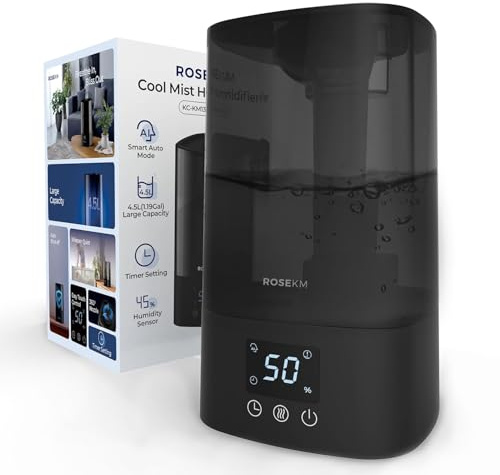 ROSEKM 4.5L Cool Mist Humidifier for Bedroom & Large Room with Sensor | 40H Runtime, 26dB Quiet, Auto Mode, 12H Timer, 360° Nozzle, Auto Shut-Off, Air Humidifier for Plants, Home, Nursery & Office