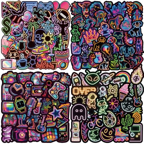 Aithney 200-Pack Neon Vinyl Stickers – Aesthetic Waterproof Decals for Laptops, Bottles, Notebooks, and More – Y2K/Vaporwave Designs for All Ages