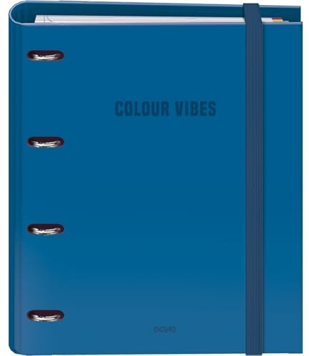 Dohe - Archivador con Recambio - Carpeta 4 Anillas, A4 (28x32 cm), 100 Hojas Cuadriculadas 5x5 mm, 4 Separadores de Colores, Sobre para Almacenamiento Extra y Cierre de Goma - COLOUR VIBES Azul