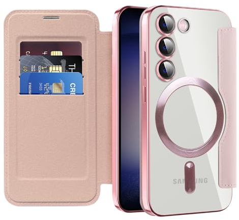 IMEIKONST für Samsung Galaxy S23 Hülle Flip Kartenfach Rosa JDCX | RFID-Sperre, 3 Kartenfächer Brieftasche, Premium PU Leder Tasche Handyhülle, Magnetische Transparente Rückseite Schutzhülle