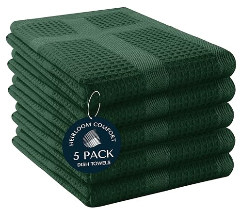 HEIRLOOM COMFORT 5 Pack Green Waffle Kitchen Towels, 100% Cotton, 40x66 cm, Super Absorbent, Quick Dry Dishcloth Set with Hanging Loop, Soft for Drying Dishes, Cleaning, Hand Towel, Forest Green