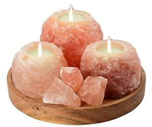 HAF Teelichthalter Set Rosa 3-teilig (2X ca. 400g & 1x ca. 700g) auf Holzplatte – Handgefertigte Kristallsalz Kerzenhalter für harmonisches Licht und Deko – ohne Teelichter
