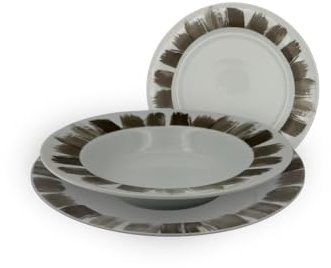 Omniacasa Paint 2.0 Service d'assiettes 18 pièces en porcelaine pour 6 personnes, design à coups de pinceau taupe/brun, lave-vaisselle et micro-ondes, assiettes plates 24 cm, fonds 22 cm, fruits 19 cm