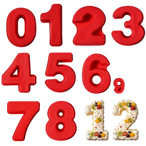 XEERUN 9 PCS 10 Inch Number Cake Tins, Silicone 3D Number Cake Moulds, Large Size Numbers 0-8 Cake Moulds for Baking, Non-Stick DIY Baking Cake Forms for Birthday and Anniversary, Red