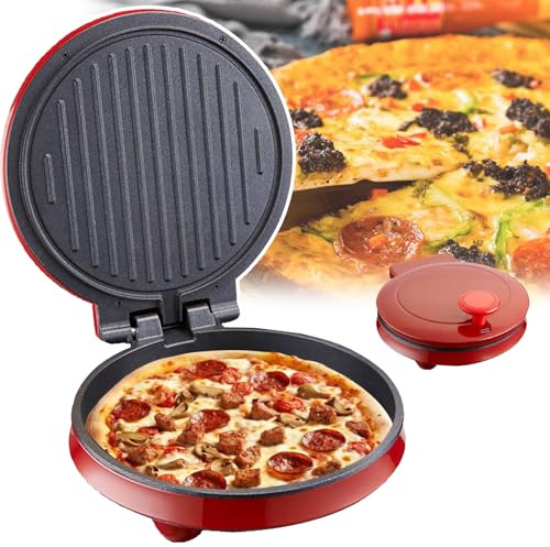 Aioneer Máquina Eléctrica para Hacer Pizza, 1000 W, Placa Antiadherente, Calentamiento A Doble Cara, Apertura De 180°, Diámetro Grande: 23 Cm, Ideal para Quiches Y Crepes, Roja