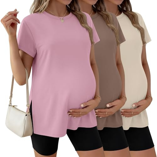 Ficerd Paquete de 3 Camisetas de Maternidad para Mujer De, Manga Corta, Aberturas Laterales, Cuello Redondo, Estilo Casual