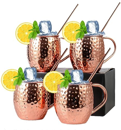 Moscow Mule Copper Mugs Set of 4 Pure Plating 18-oz Stainless Steel Drinking Cup with Straws Great Dining Entertaining Bar