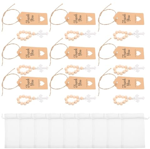 WEKAMOS Set da 10 Rosari Battesimali in Legno Croce, Sacchetto in Organza e Biglietto di Auguri – Bomboniere Religiose per Battesimo, Rosario Cattolico per Adulti, Accessori