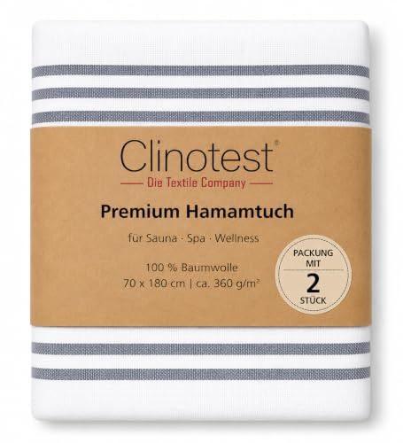 Clinotest Hamamtuch 70 x 180 cm – 100% Baumwolle, 360 g/m², Saunahandtuch, Strandtuch, Wellnesshandtuch, Pestemal, schnelltrocknend, saugstark, leicht, Weiß mit grauen Streifen