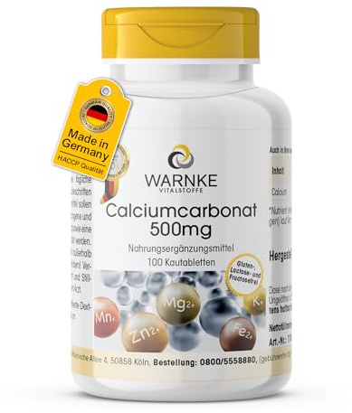Carbonato di calcio in polvere compressa 500mg - Con 188mg di calcio - 100 compresse masticabili | Warnke Vitalstoffe - Qualità da farmacia tedesca