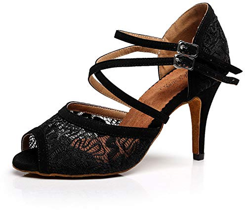 Syrads Chaussures de Danse Latine pour Femmes Chaussures de Danse Tango Valse Samba Fête Sociale Salsa Sandale Talon Haut,Noir 8 5cm,36 EU