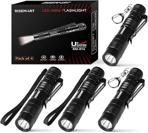 RISEMART Pocket Torch, 4 PCS 3.5 Mini Torches, Ultra Bright Small Torch, Waterproof Pencil Torch Flashlight with Pocket Clip for Hiking, Camping, Hunting, Fishing