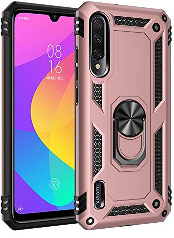 BestST Funda para Xiaomi Mi A3/Mi CC9E +HD Protectores de Pantalla,con Anillo Soporte,Rugged TPU y PC Cubierta de Doble Capa Hybrid Carcasa y 360 °Rotación Kickstand 2 en 1 Case.RoseOro