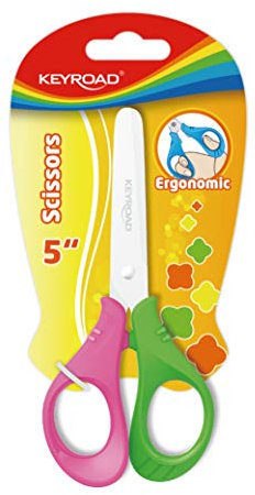 Kinderschere aus Metall, Größe 13 cm, Grün und Rosa, Schere für Kinder mit runder Spitze, ideales Schulmaterial für Bastelarbeiten. Keyroad