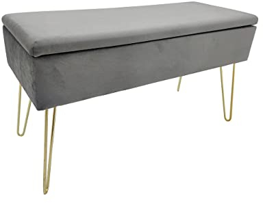 ECHTWERK Sitzbank “Scarlett“, Polsterbank mit Samtbezug, Aufbewahrungstruhe rechteckig, Schminkbank mit Stauraum, Aufbewahrungsbank mit Metallbeine, 75 x 30 x 41,5 cm, Polyester-Mischung, Grau