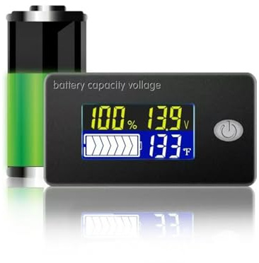 Taikuwu 12V LCD Battery Capacity Monitor with Temperature Display - Lead Acid & Lithium Battery Tester, Voltmeter, Fuel Gauge Indicator for Car, RV, Marine, Solar Systems