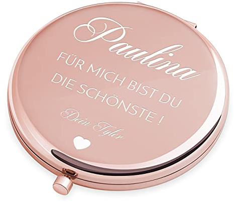 Maverton Klappspiegel mit Gravur - Rosegold - Schminkspiegel mit Vergrößerung - personalisierter Make up Kosmetikspiegel - Reisespiegel für Handtaschen - Geschenke für Frauen - Spiegel rund