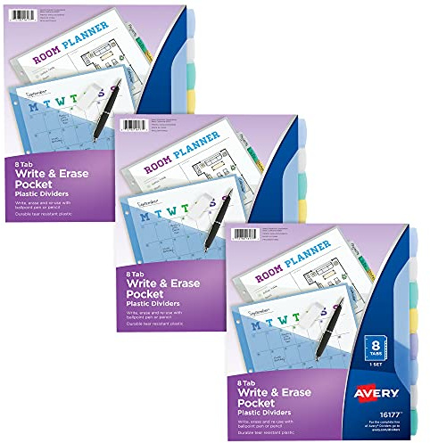 Avery 31701 Trennblätter aus Kunststoff für 3 Ringbücher, 8 Register-Sets, mehrfarbig, 3 Binder-Teiler-Sets