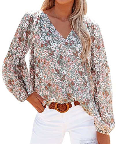 Petalum Blommig blus dam ledig långärmad chiffong T-shirt lättviktig v-ringad blus blommig skjorta vår höst, Mörkgrön, 48