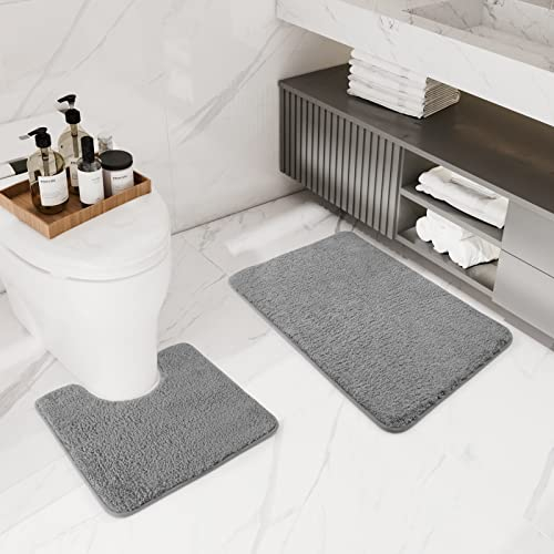 Ommda Badezimmerteppich Set 2 teilig, Badematte rutschfest Waschbar, Badematte Absorbierend, Mikrofaser Badvorleger und WC Vorleger Saugfähiges Set,Grau,60x90+50x50cm