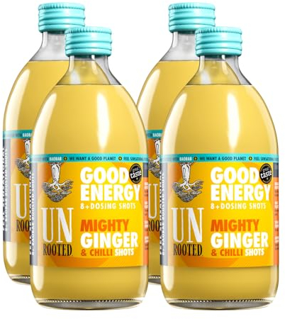 UNROOTED Mighty Ginger Shots Multipack - Immune System and Natural Energy Booster - 4 x 500ml Dosing Bottles - Ginger, Turmeric, Chilli & Baobab