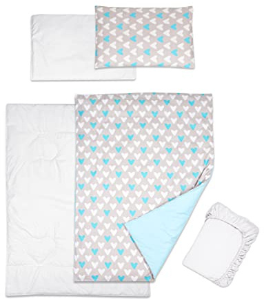 Set di biancheria da letto per bambini, 5 pezzi, con federe e lenzuolo in jersey, per lettino da 120 x 60 cm (cuori blu)