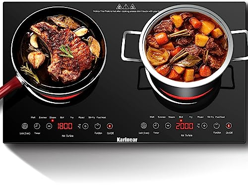 Karinear Double Ceramic Hob, Plug in 2 Zone Electric Ceramic Hob with LED Display, 4-Hour Timer, 9 Power up to 2800W, Safety Lock